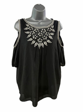 Women's M.S.S.P. Cold Shoulder Blouse Medium Black White Floral Embroidery